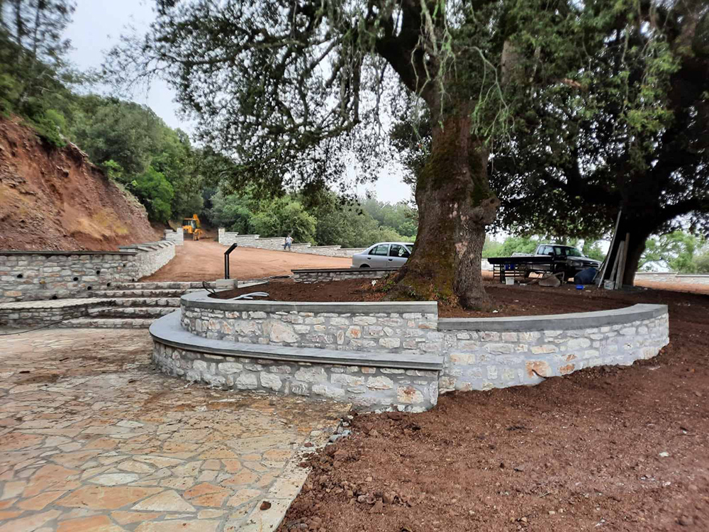 The refurbished surrounding area of Agios Nikitas Sella Monastery